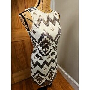Women's Express Small Dress Black White Sequin Sleeveless Aztec Design